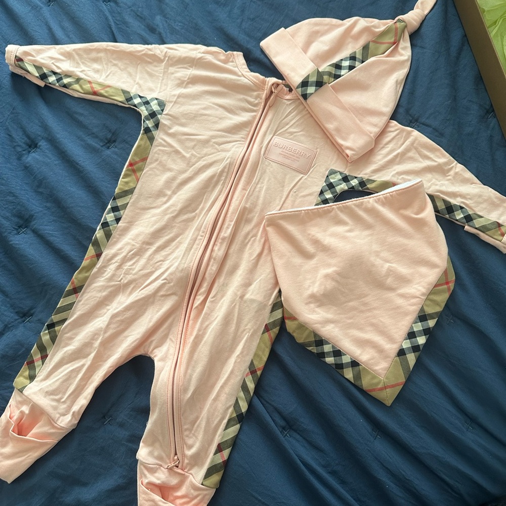 Burberry Pink Onesie with Plaid Trim
